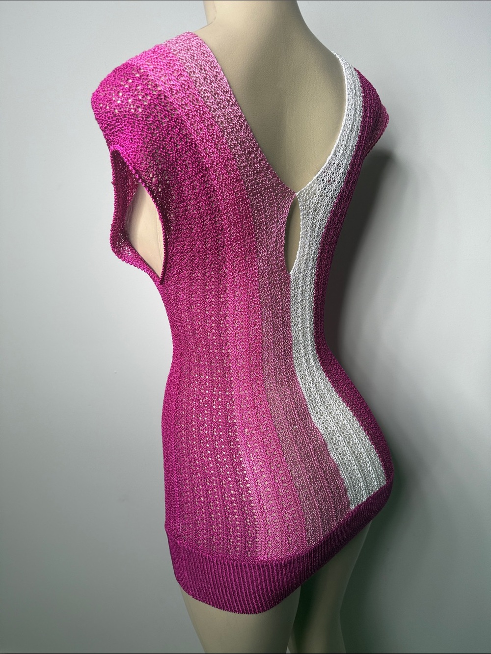 bebe Pink & White Striped Deep V-Neck Short Sleeve Sweater - Picture 7 of 8